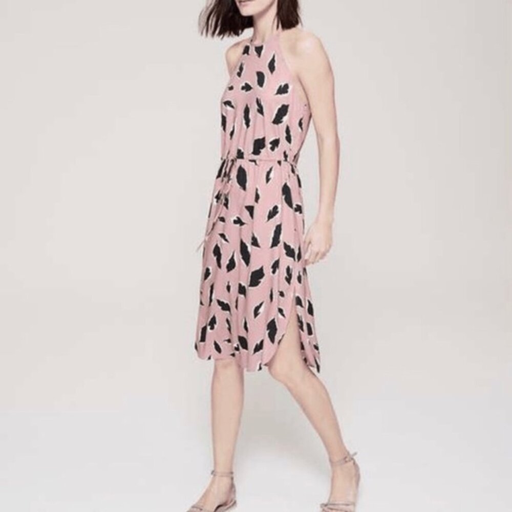 Ann Taylor LOFT Pink Leaf Print Halter Midi Dress Drawstring Waist Summer NWT S